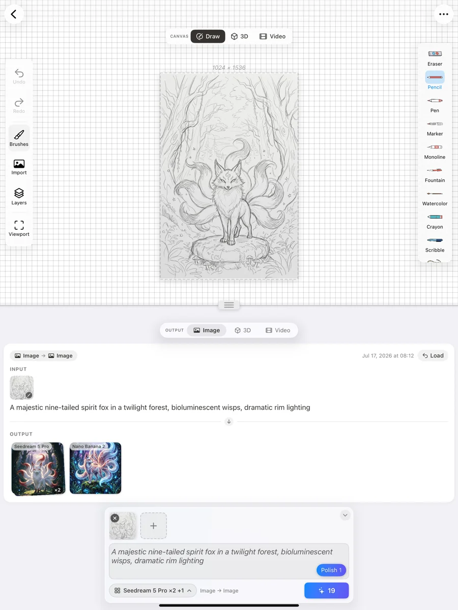 Drawoid on iPad: generation history showing the fox sketch and its AI outputs