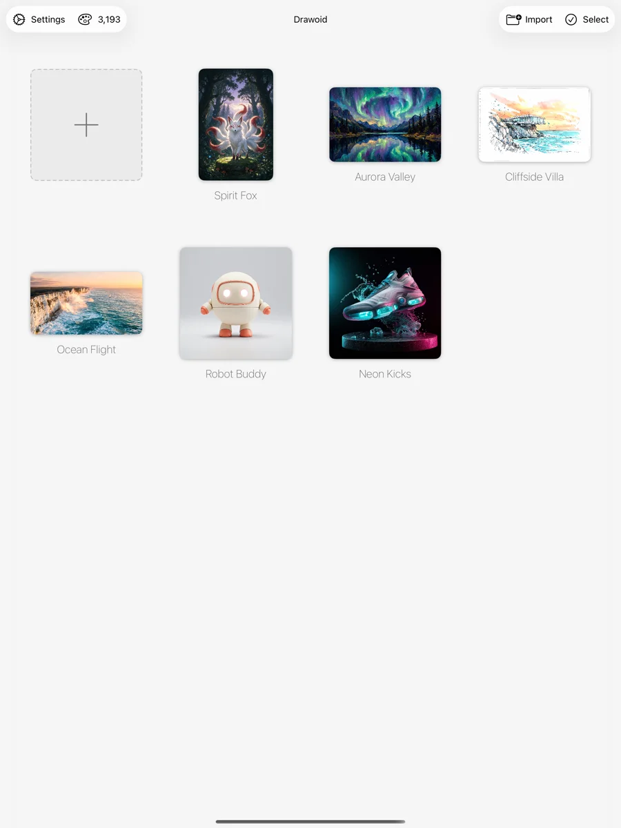 Drawoid on iPad: the home grid with six artwork projects