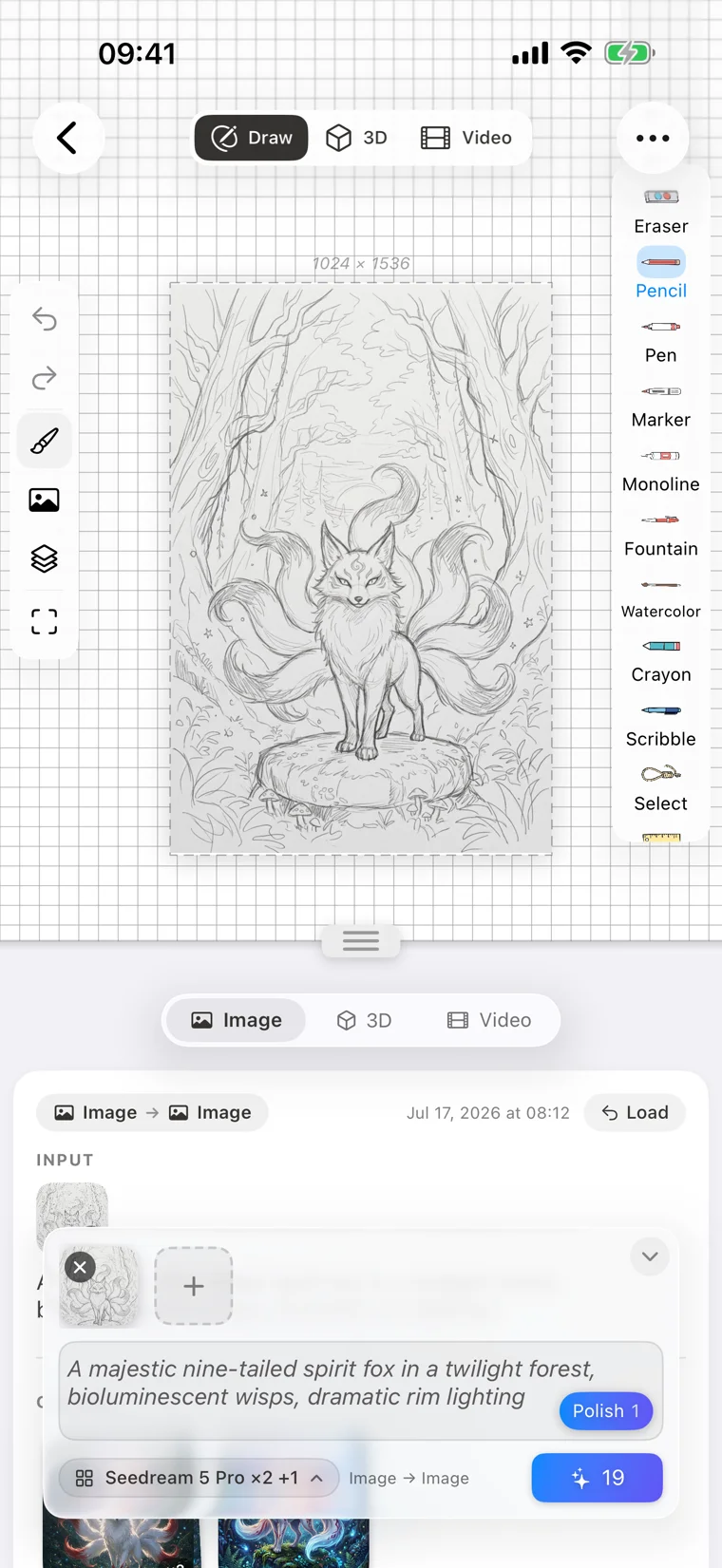 Drawoid on iPhone: a pencil fox sketch on the canvas with the AI generation history below