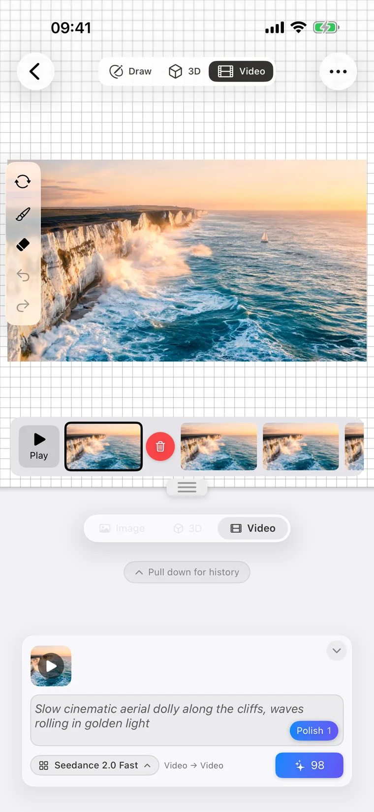 Drawoid on iPhone: the video frame editor with an ocean clip and filmstrip