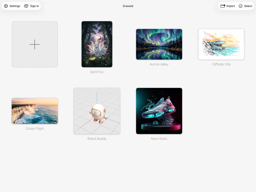 Drawoid on iPad: the home grid of artwork projects
