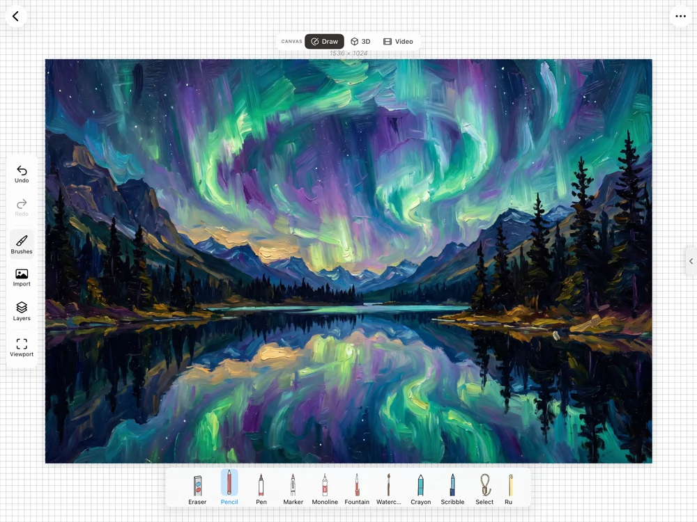 Drawoid on iPad: aurora landscape painting open on the infinite canvas