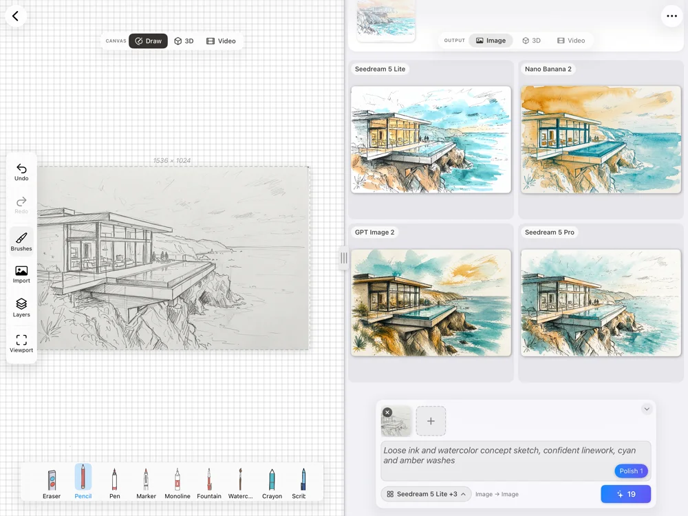 Drawoid on iPad: one architecture sketch beside multiple AI-rendered style variations