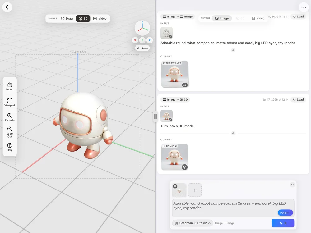 Drawoid on iPad: the 3D scene editor with a robot model and its generation history