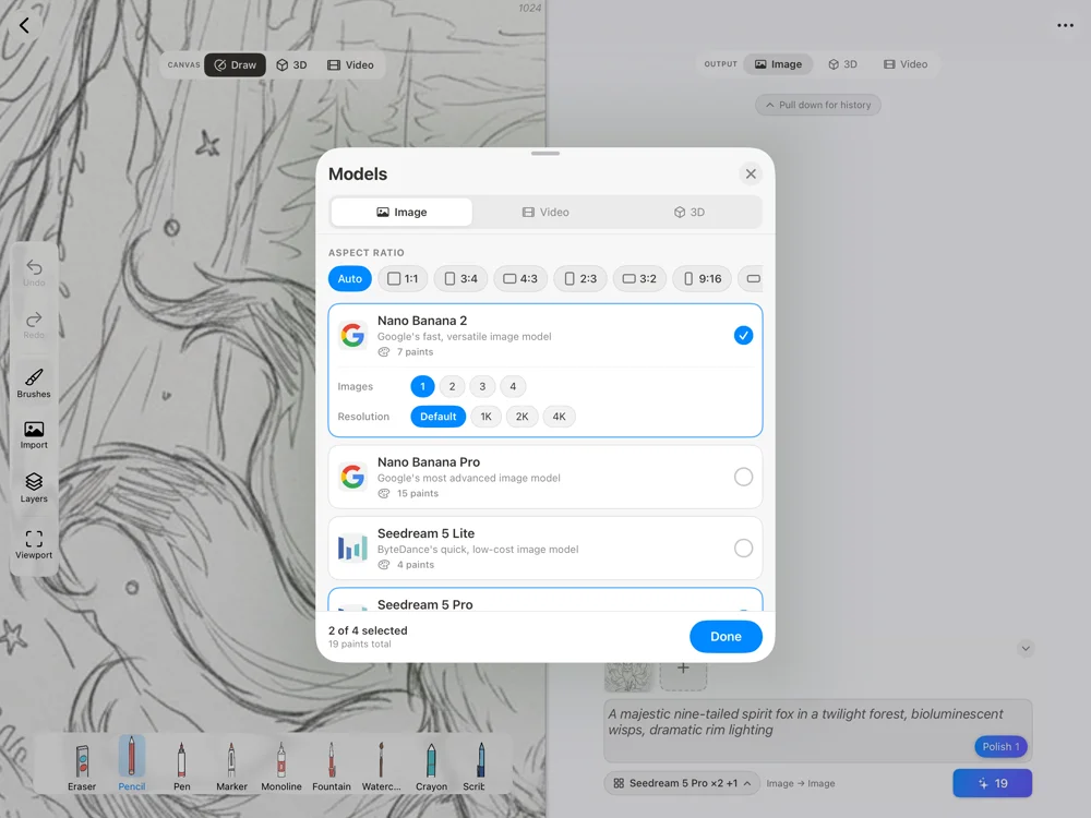 Drawoid on iPad: the model picker over a fox sketch