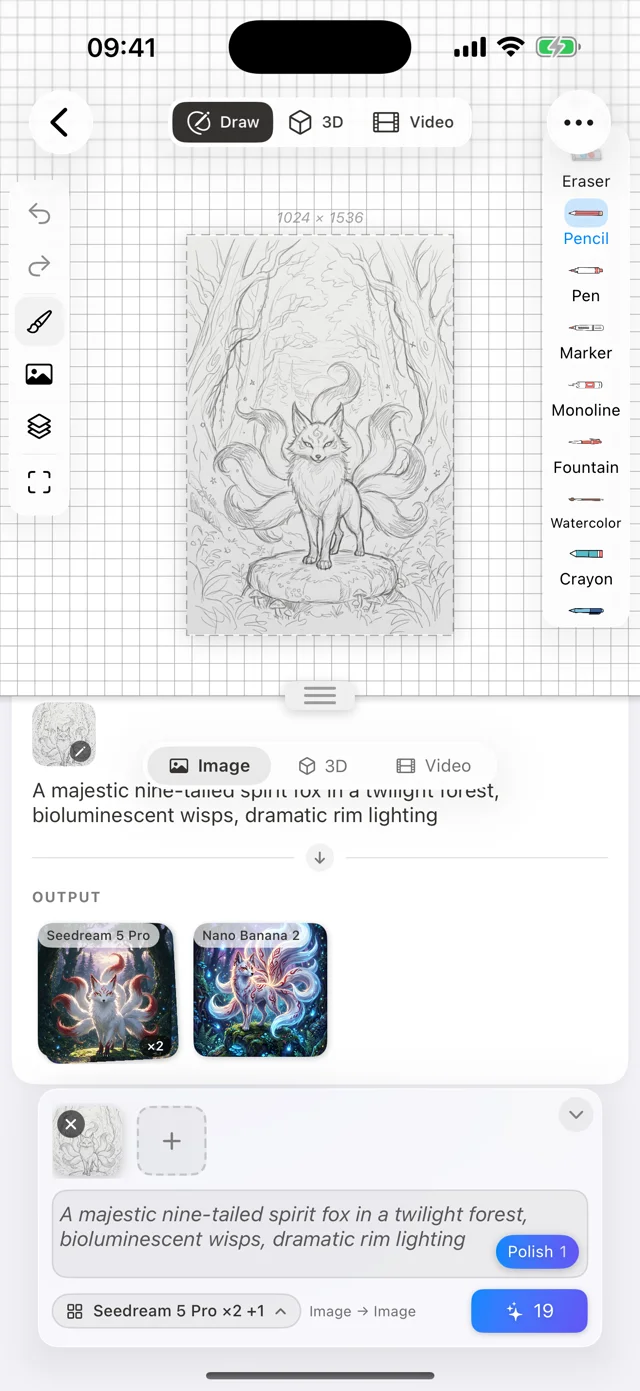 Drawoid on iPhone: fox pencil sketch on the canvas with AI generation history below