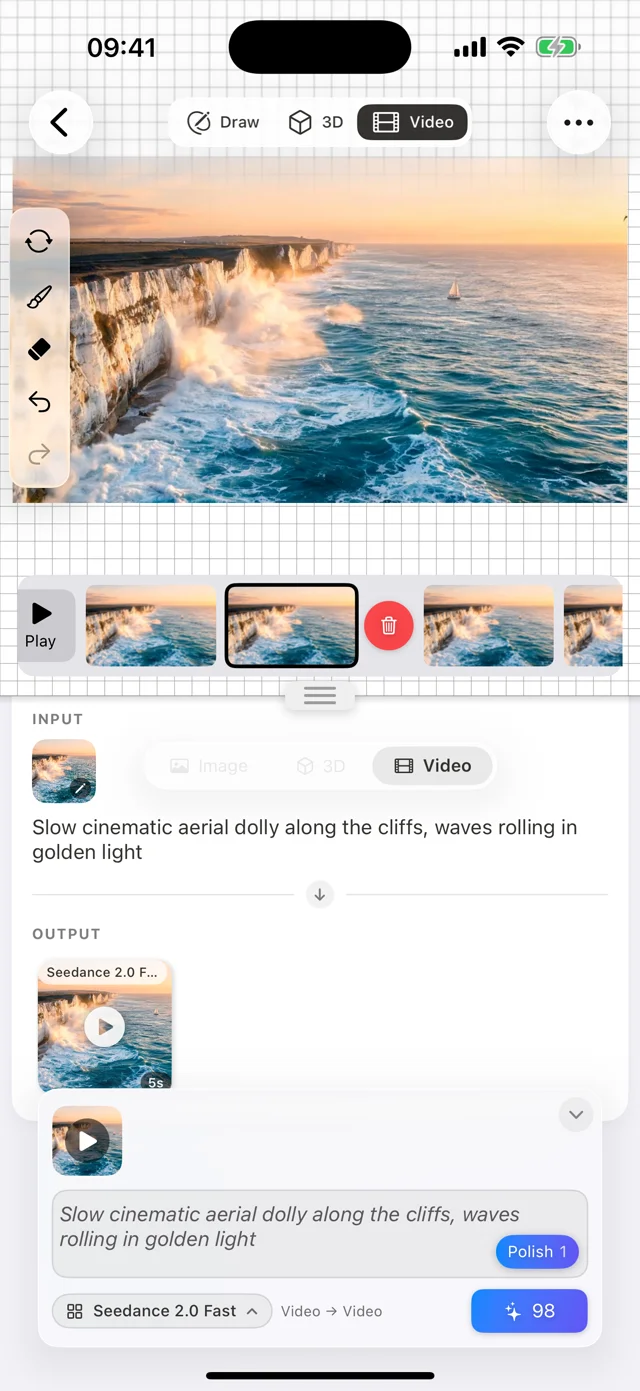 Drawoid on iPhone: the video frame editor with an ocean clip and filmstrip