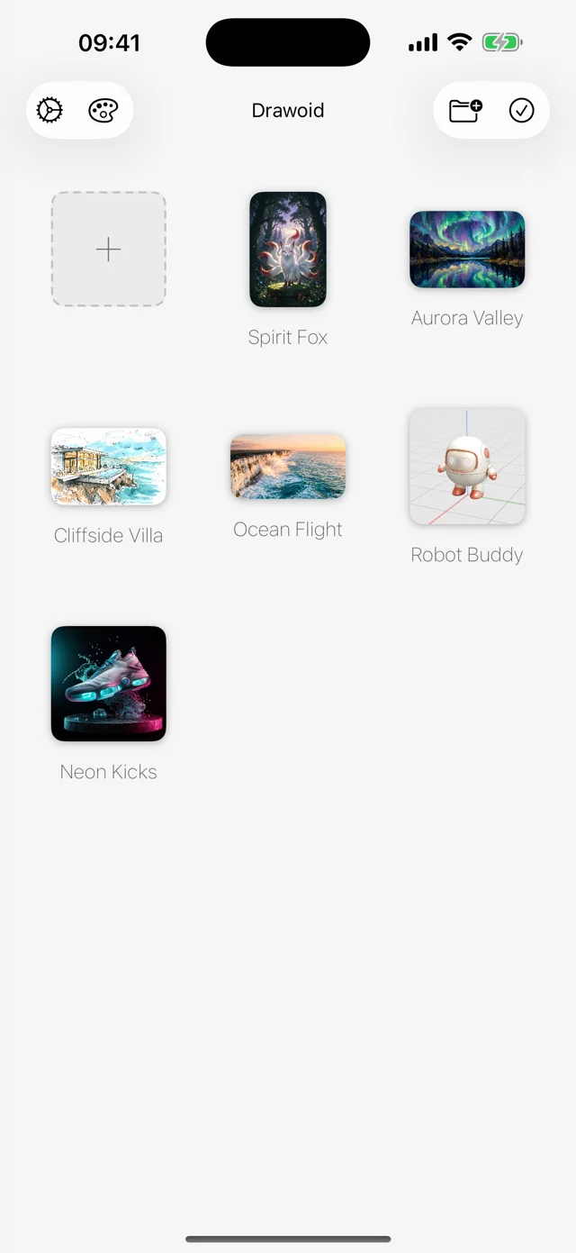 Drawoid on iPhone: the home grid of artwork projects
